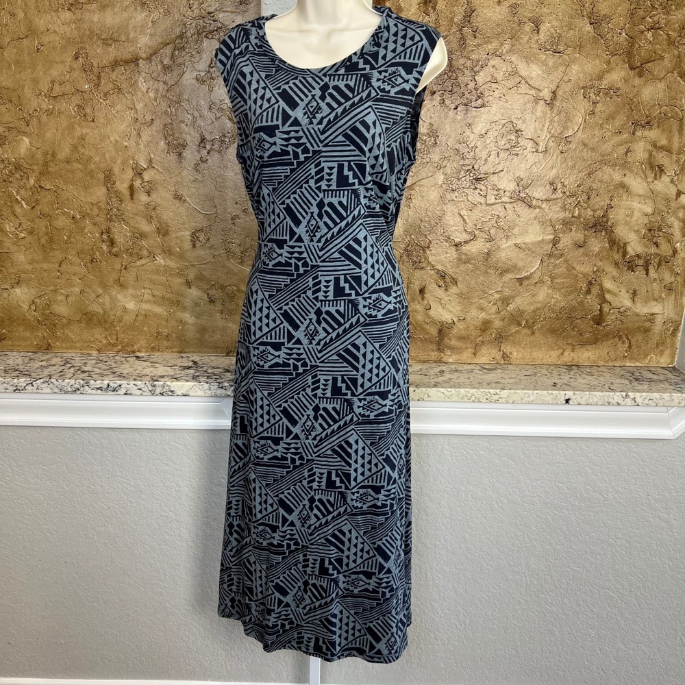 Peruvian Connection Midi Dress Medium Navy Blue Geometric Cotton Knit Art Deco
